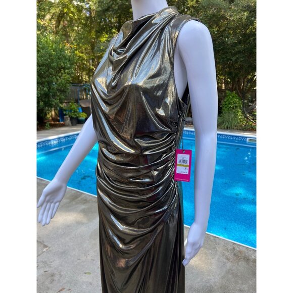 Vince Camuto Gold Metallic Draped Sleeveless Midi Dress Size 14 New With Tags Wo - Picture 1 of 12